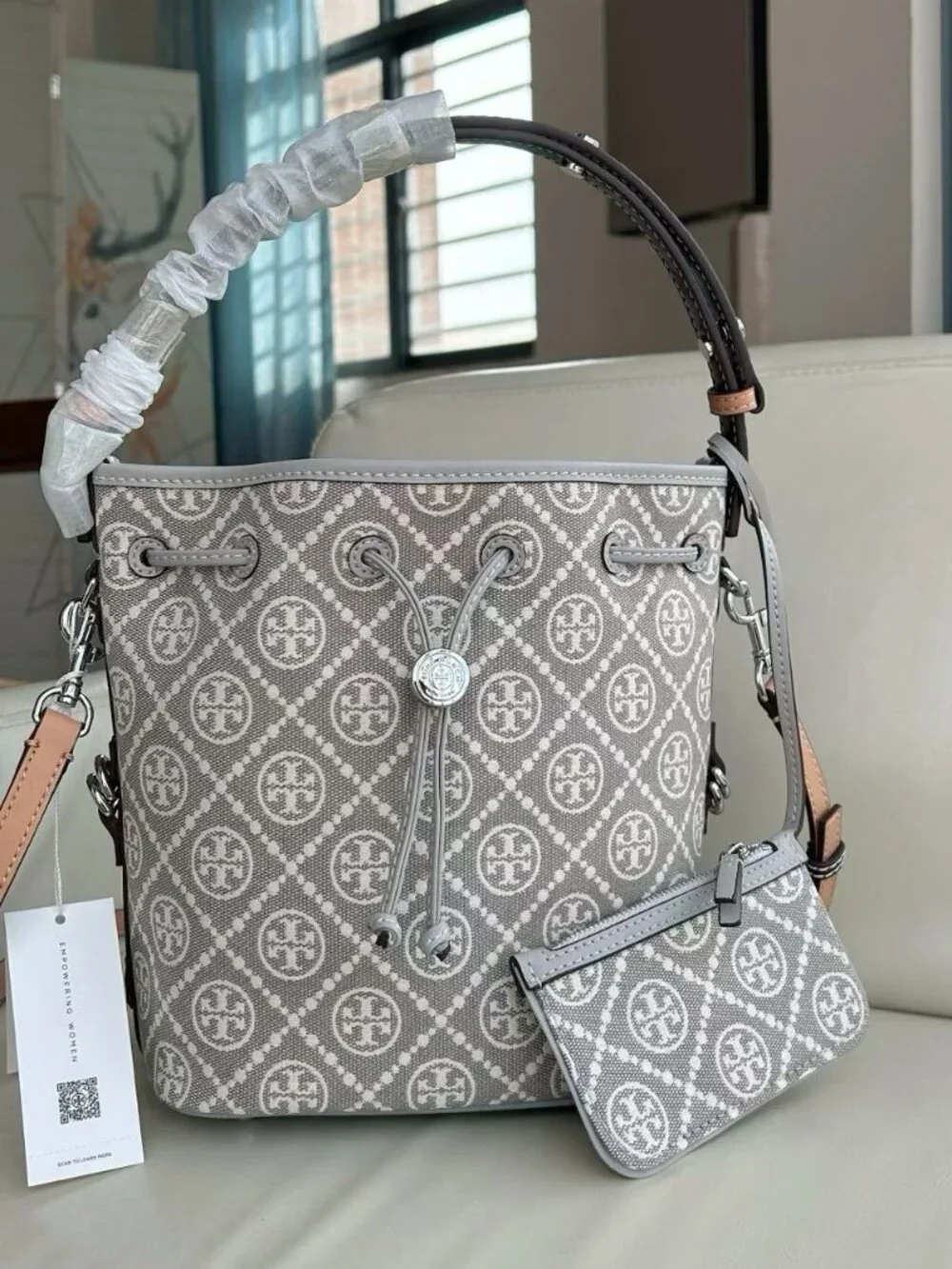 Tory Burch Monogram Jacquard Bucket Bag Grey Full Set With Mini
